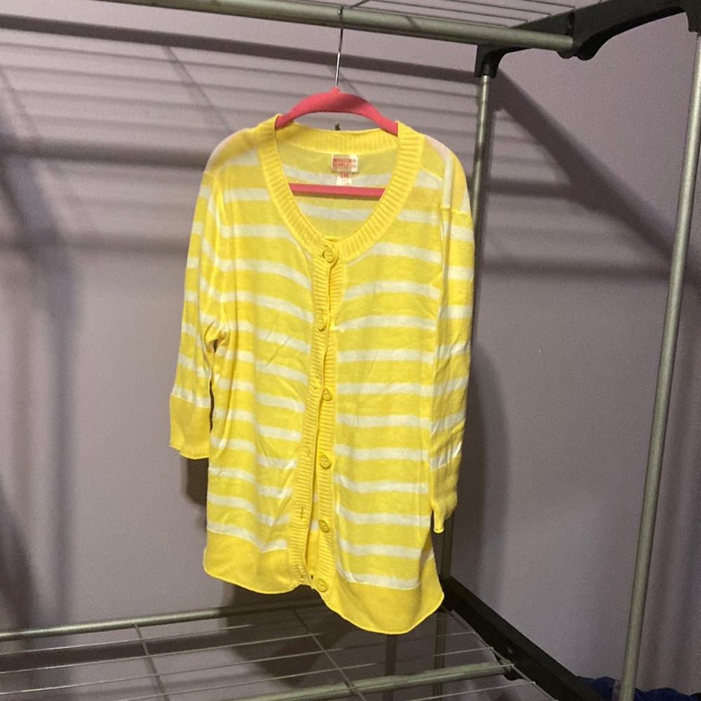 Yellow and white stripped button down sweater with 3/4 sleeves